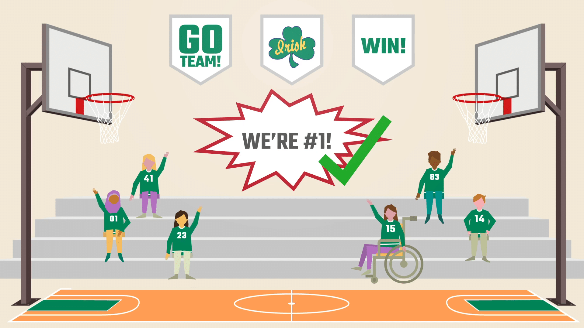 Animated Videos- screenshot of animation- students in the stands at a basketball game saying "we're number one"