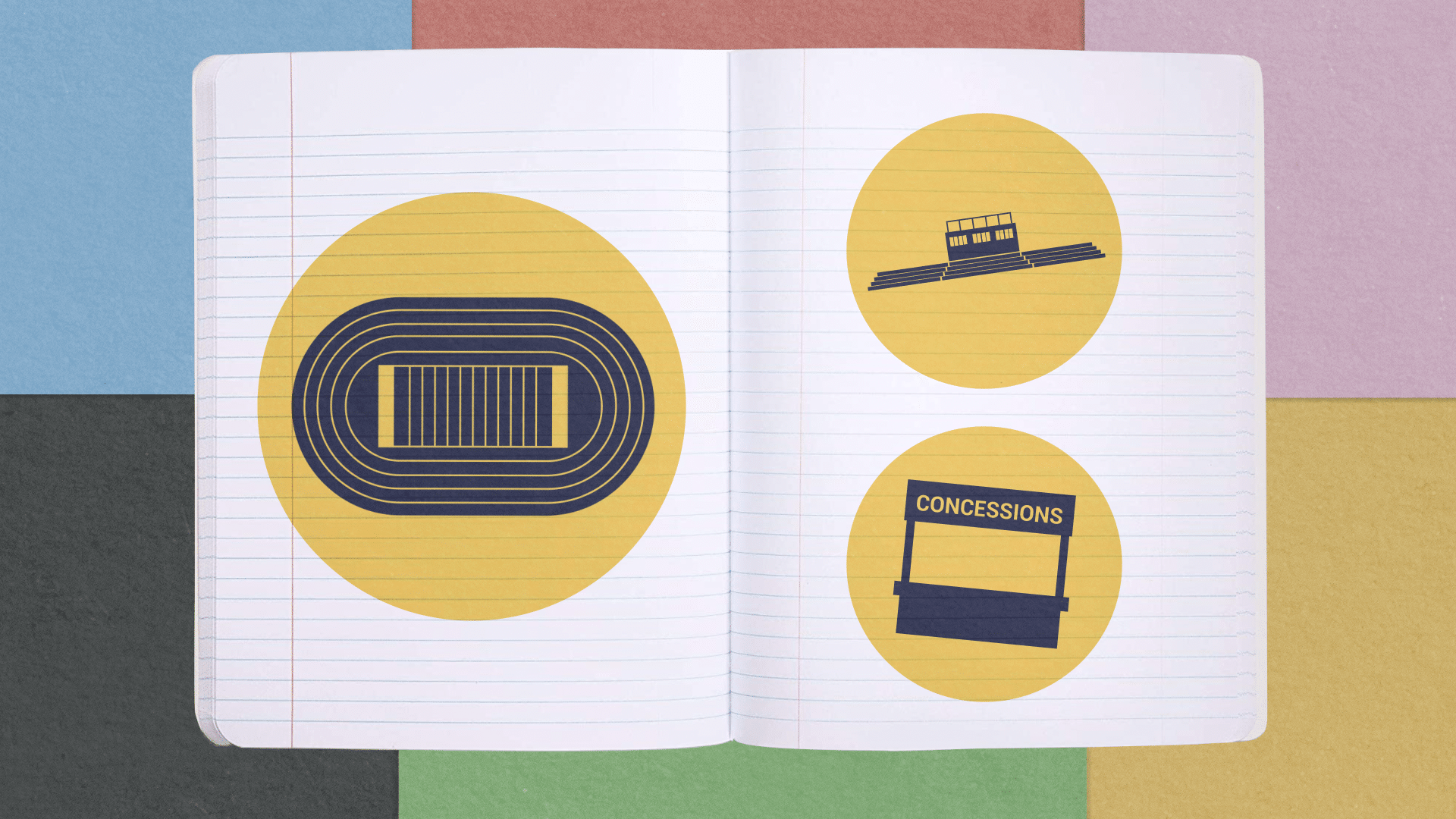 Animated videos- screenshot of animated notebook showing a stadium, bleachers, and concession stand